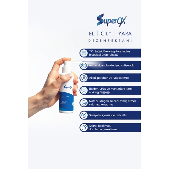 Superox Hipokloröz (HoCl) Alkolsüz El Cilt ve yara Dezenfektanı 100ml Superox Hipokloröz (HoCl) Alkolsüz El Cilt ve yara Dezenfektanı 100ml
